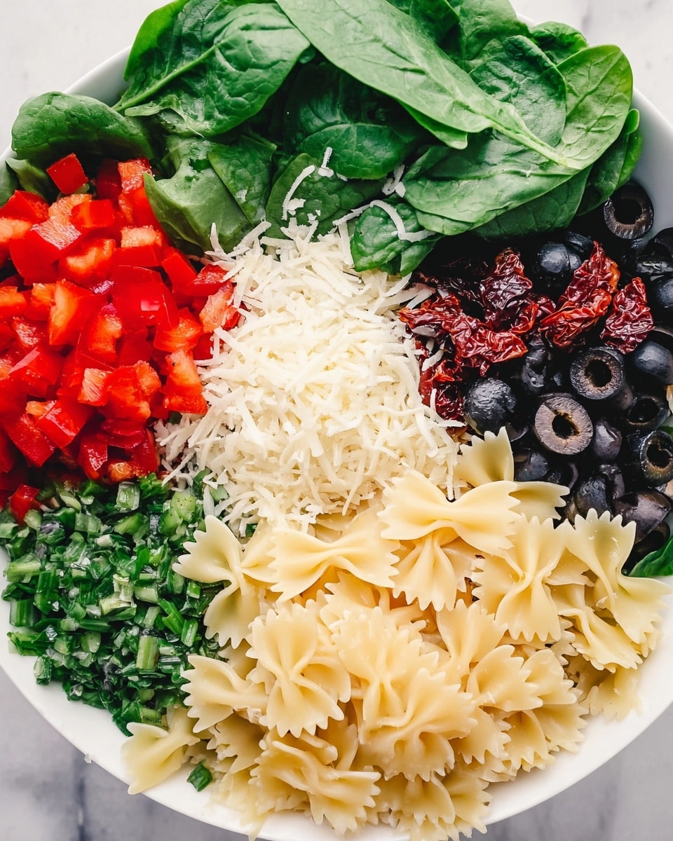 A white bowl is filled with seven layers arranged neatly: at the bottom are light yellow farfalle pasta pieces, followed by finely chopped green basil leaves to the left, and shredded white cheese in the middle. Above the cheese is a pile of dark red sun-dried tomatoes on the right, and next to them on the left are black olives, sliced in half, showing their light centers. On the top left, there are diced red bell peppers, and next to them on the right is a heap of fresh green spinach leaves with a smooth texture. The bowl sits on a white marbled surface. photo taken with an iphone --ar 4:5 --v 7