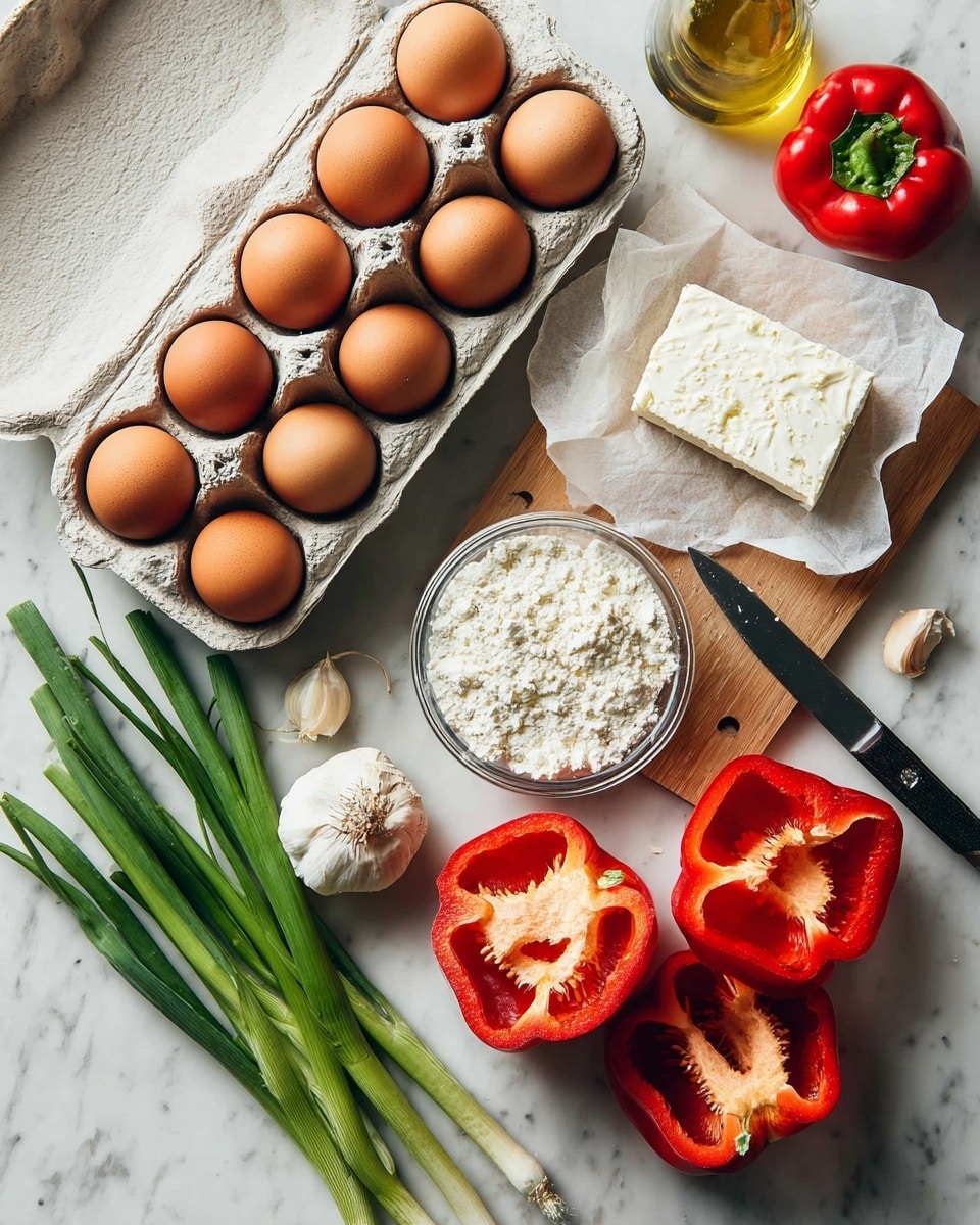 A carton of brown eggs with ten eggs inside sits on the left on a white marbled surface. Next to it are bright green spring onions spread diagonally from bottom left to center. In the center is a small glass bowl with white flour. Above it, a block of white cheese with a few crumbs rests on white paper. On the right side, two red bell peppers are halved, placed on a small wooden board with a knife on the top right. Behind the peppers is a whole red bell pepper. A bulb of garlic and a small bottle of olive oil are near the center top. Photo taken with an iphone --ar 4:5 --v 7