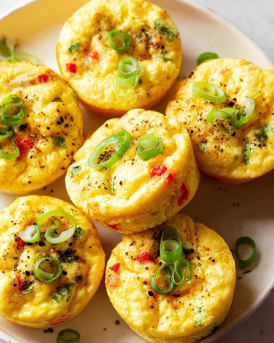 The image shows seven small, round egg muffins on a white plate with a white marbled surface underneath. Each muffin has a golden-yellow color with a soft, slightly bumpy texture. The muffins contain visible pieces of green onions and small bits of red pepper inside, adding pops of green and red color to the yellow base. Thinly sliced green onion is sprinkled over the top of each muffin, and small black pepper flakes are scattered for added detail. The muffins look fluffy and slightly puffed up, arranged close together but not touching. photo taken with an iphone --ar 4:5 --v 7