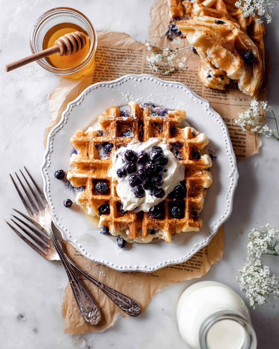 A white scalloped plate sits on a white marbled surface, holding a golden-brown waffle with visible blueberries inside; on top of the waffle is a dollop of white cream and a small pile of dark blueberries. Around the main waffle, broken pieces of waffles with blueberries peek out, adding texture. Next to the plate are two old-style silver forks resting on a piece of parchment paper with text. Above the plate is a small clear glass filled with honey and a honey dipper resting on the plate's edge. A glass bottle of milk is visible at the bottom right. Small white flowers are scattered delicately around the scene, giving a soft touch. photo taken with an iphone --ar 4:5 --v 7