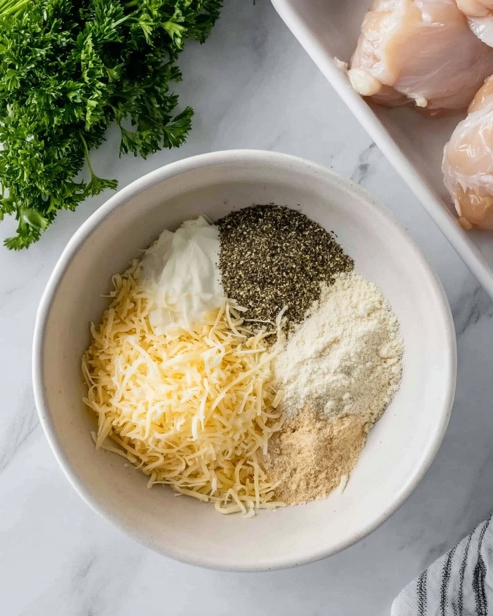 A white bowl with five layers of ingredients inside: grated light yellow cheese at the bottom left, white creamy cheese next to it on the upper left, black pepper on the upper right, light beige powder on the right, and white powder near the black pepper. The bowl is placed on a white marbled surface. To the top left, a bunch of green parsley is visible, and to the top right, raw pale chicken pieces lie in a white tray. Photo taken with an iphone --ar 4:5 --v 7