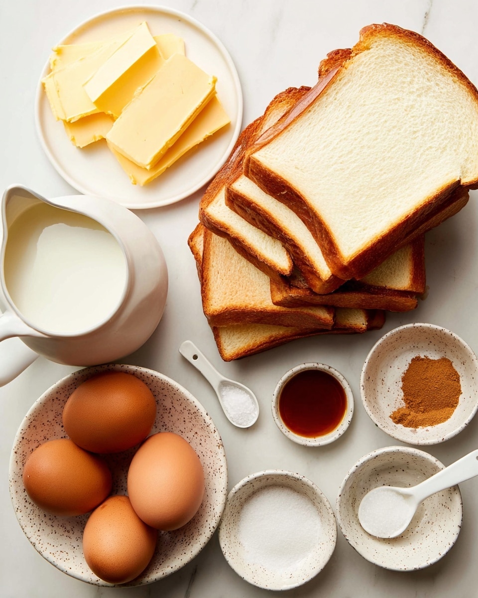 The image shows eight slices of white bread stacked in two uneven piles, with the top slices showing a golden-brown crust and soft white inside. To the top left, there is a small white plate holding several rectangular yellow butter slices. Below the bread, a white pitcher filled with white milk is placed. To the right of the bread, there is a speckled bowl holding four brown eggs. Above the eggs, three small white bowls hold different ingredients: one with dark amber syrup, another with white granulated sugar, and the last one with fine cinnamon powder. Two white ceramic spoons, one with salt and one with cinnamon, are placed above the bowls. The whole setup is on a white marbled surface. Photo taken with an iphone --ar 4:5 --v 7