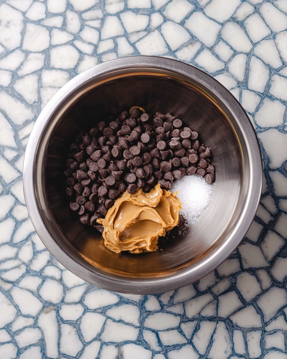 A silver metal mixing bowl holds three ingredients arranged side by side in the center: dark brown chocolate chips, a dollop of light brown peanut butter, and a small scoop of white salt. The bowl rests on a surface with a white marbled texture showing underneath it. Photo taken with an iphone --ar 4:5 --v 7