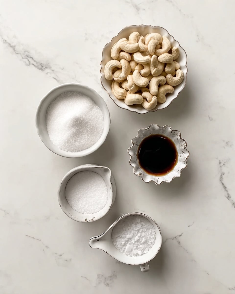 The image shows five small white dishes arranged on a white marbled surface. From top right to bottom center, there is a bowl filled with light beige cashew nuts, a small scalloped bowl holding dark brown vanilla or syrup, a round bowl with white granulated sugar, a smaller round bowl with white powder (likely baking soda or baking powder), and a white measuring cup holding coarse white salt. Each bowl has a clean and simple look, and the light reflects gently on the smooth white marbled table. Photo taken with an iphone --ar 4:5 --v 7