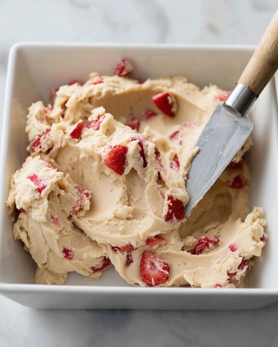 A close-up view of a white square dish filled with light beige cookie dough mixed with small pieces of red strawberries scattered evenly throughout. The dough has a soft and thick texture with some creases and folds, and a silver butter knife with a wooden handle is resting on the dish, partially inside the dough as if ready to scoop. The background surface is a white marbled texture. photo taken with an iphone --ar 4:5 --v 7