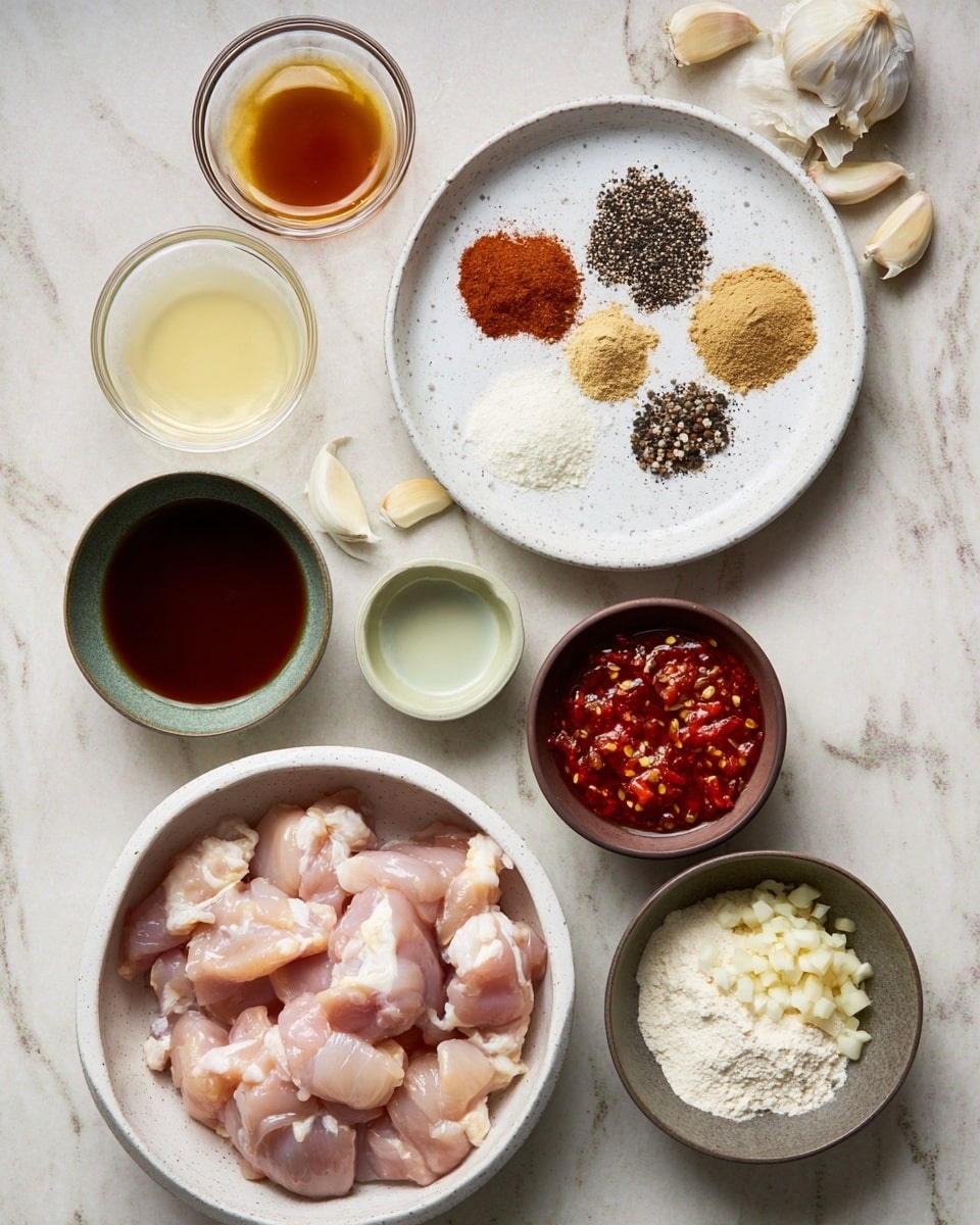 The image shows several small white bowls and plates arranged on a white marbled surface, each containing different ingredients. At the bottom, a large white bowl is filled with raw pink chicken pieces. Above it, a white speckled plate holds four different spices in separate piles: black and white pepper, light brown powder, reddish brown powder, and a pale powder. To the right of the plate, a small brown bowl contains chopped garlic. Above that, a dark green bowl holds a red chili sauce with bits of chili seeds visible. Next to it, a small white bowl contains a light greenish liquid. Above that is another small white bowl with a pale yellow liquid inside. To the left, a small clear glass bowl has a dark brown liquid. At the top, a white bowl is filled with a light brown syrupy liquid, and nearby there are several cloves of unpeeled garlic scattered on the surface. At the top right, a brown bowl contains white flour. Photo taken with an iphone --ar 4:5 --v 7