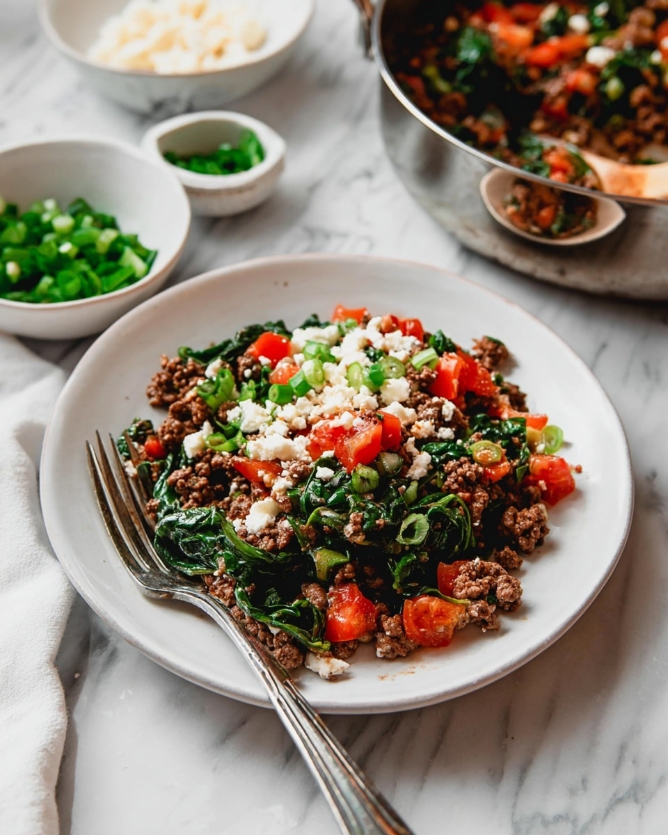 The image shows a white plate with a layered dish made of cooked ground meat, bright green spinach leaves, diced red tomatoes, and white crumbled cheese scattered on top. The ground meat is dark brown and crumbly, mixed with the spinach and tomatoes evenly spread across the plate. A silver fork rests on the plate’s edge, partly under the food. In the background on a white marbled surface, there are two small bowls, one with more green chopped scallions and one with extra white cheese. To the side, a shiny metal pot holds more of the cooked meat and vegetable mixture. The scene is softly lit and crisp, with a casual presentation. Photo taken with an iphone --ar 4:5 --v 7