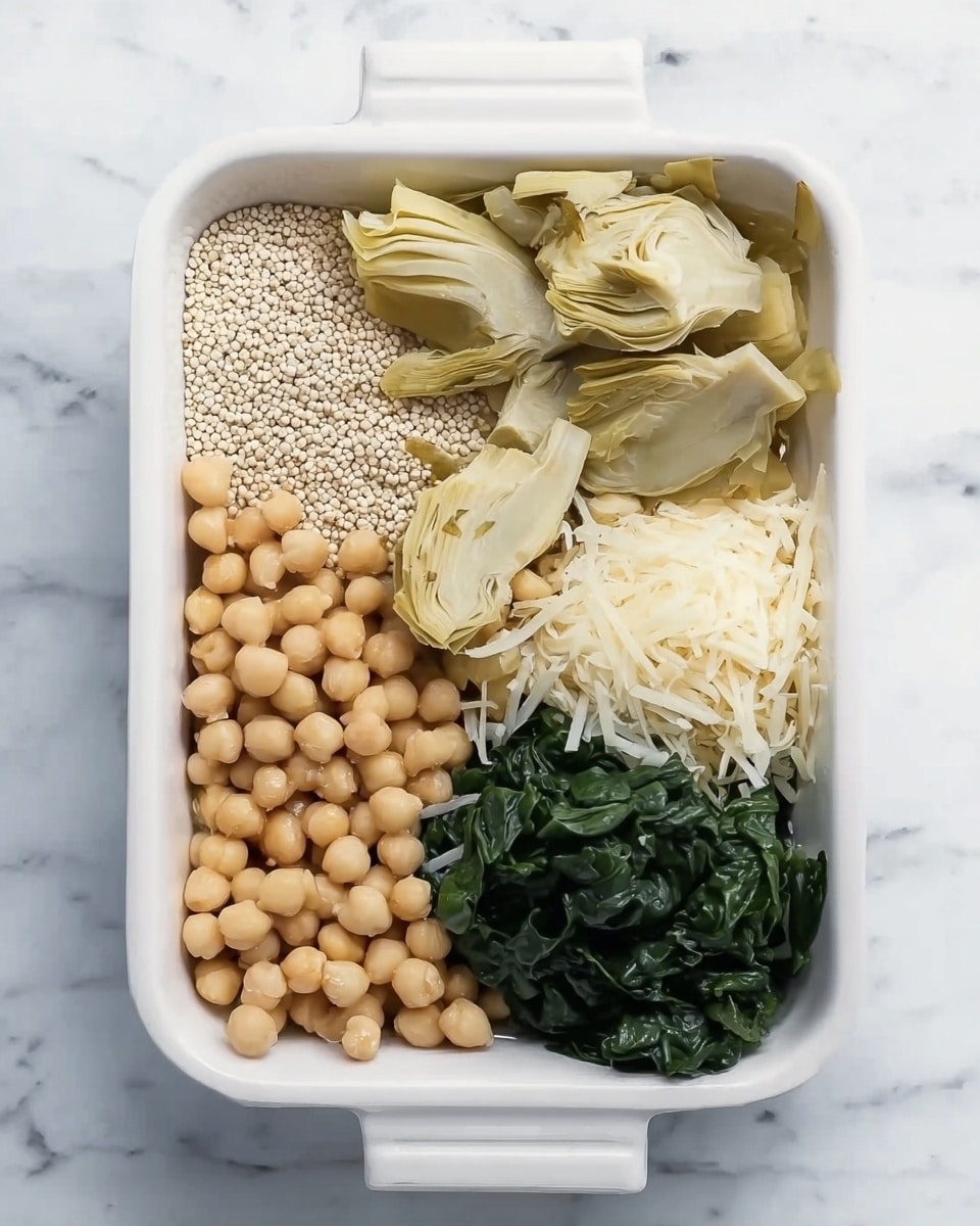 The image shows a white rectangular dish on a white marbled surface, filled with five neat layers of ingredients. The bottom left layer is small, round white quinoa seeds, next to it is a cluster of light beige chickpeas. Above the chickpeas are pale yellow slices of artichoke hearts. To the right of the artichokes is a pile of dark green cooked spinach leaves, and next to the spinach is a small heap of shredded white cheese or vegetable strips. The layers are evenly arranged without mixing, creating a clear separation of colors and textures. Photo taken with an iphone --ar 4:5 --v 7