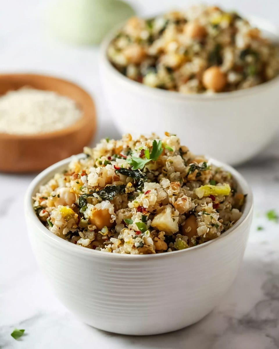 The image shows two white bowls filled with a mixed grain dish. The main bowl in front displays a textured mix of small beige grains, chickpeas, green leafy bits, and small red specks scattered throughout. There are yellowish and light brown pieces mixed inside giving more color variety. Some bright green chopped herbs are sprinkled on top. The background is a white marbled surface with a blurred wooden bowl holding small white grains and a light green object. The bowls have a clean design with slight horizontal ridges. Photo taken with an iphone --ar 4:5 --v 7