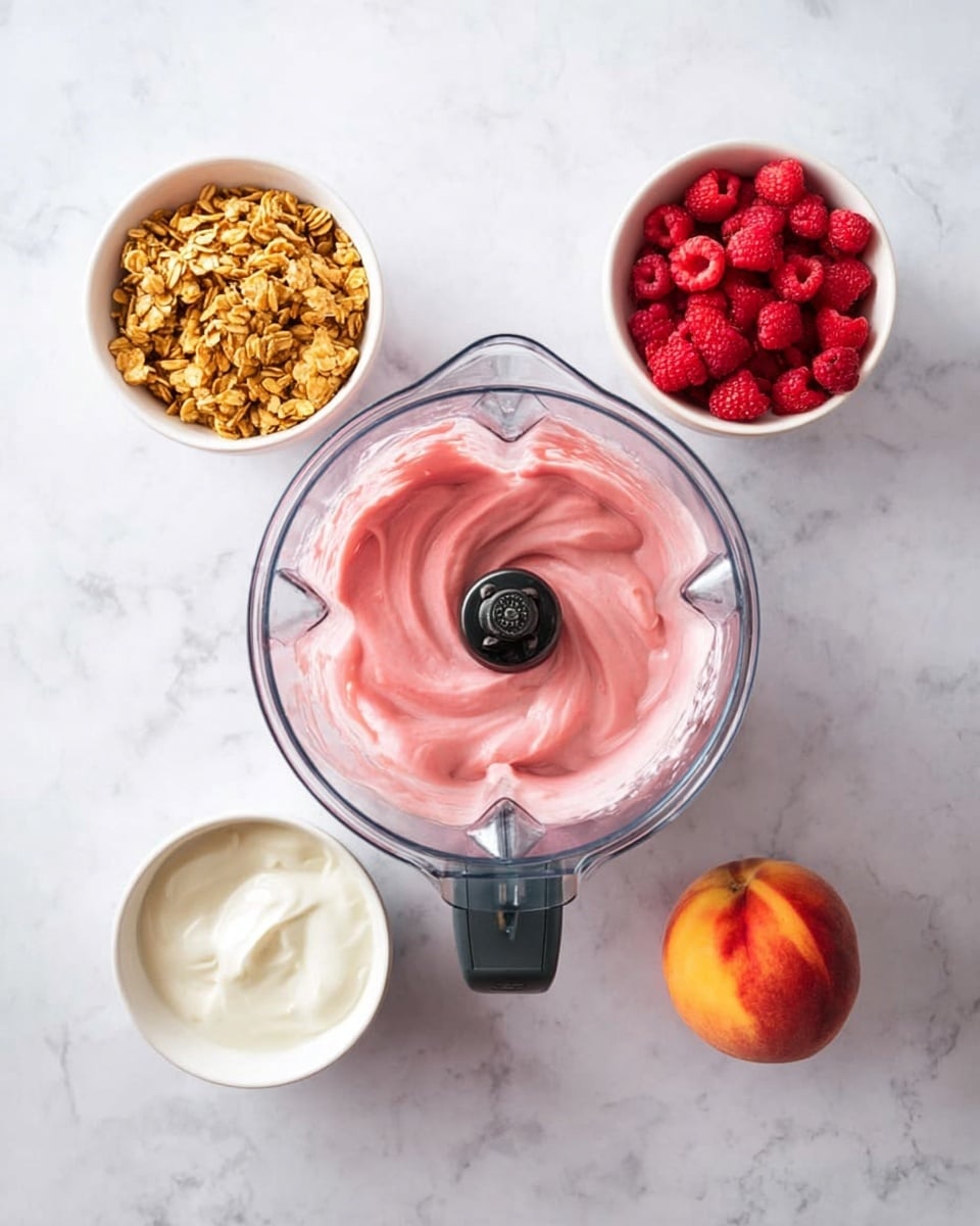 The image shows a blender from above with a pink smoothie inside, swirling around the blades at the center, giving it a smooth and creamy texture. Surrounding the blender on a white marbled surface are three small white bowls, one filled with golden brown granola, another with fresh red raspberries, and the last with a creamy white yogurt. To the right of the blender, there is a whole peach with shades of orange, yellow, and red on its skin, adding a pop of color. The arrangement is neat and bright, creating a fresh and healthy feeling. Photo taken with an iphone --ar 4:5 --v 7