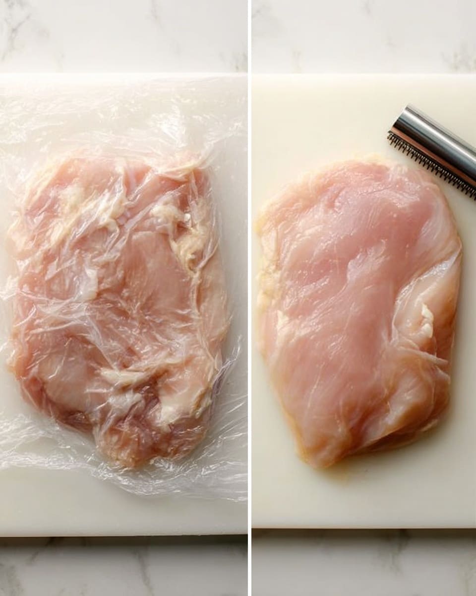 The image shows two panels side by side on a white marbled surface. The left panel has a piece of raw chicken covered with a clear plastic wrap, and a metal meat tenderizer is partly visible at the top right corner pressing down on the chicken. The chicken is pale pink with some white fat edges. The right panel shows the same piece of chicken without the plastic wrap, lying flat on a white cutting board, its surface smooth and slightly shiny from being tenderized. photo taken with an iphone --ar 4:5 --v 7