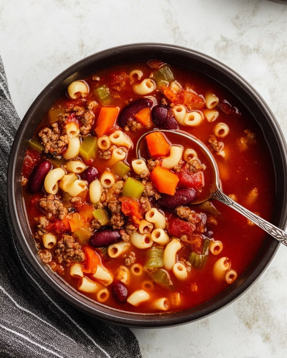 The image shows a dark bowl filled with a thick soup that has a rich red tomato base. Inside the soup are small round pasta pieces, light orange carrot chunks, green celery pieces, dark red kidney beans, and small bits of browned ground meat, all mixed evenly throughout. A silver spoon with an ornate handle is dipped into the bowl, slightly lifting some ingredients. The bowl sits on a white marbled surface with a gray cloth with black stripes partially visible on the side. photo taken with an iphone --ar 4:5 --v 7