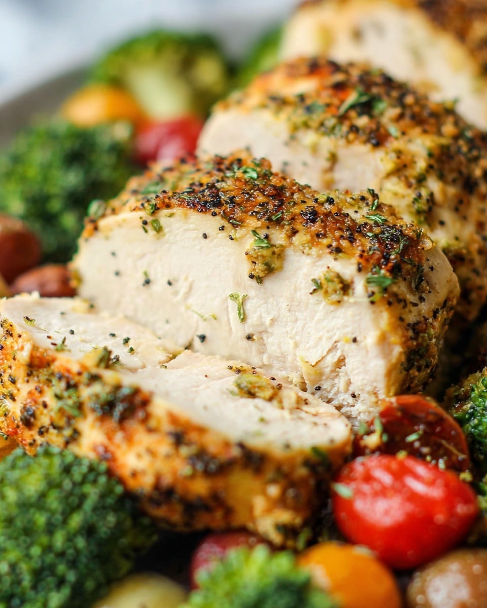 The image shows a close-up of three slices of cooked chicken layered on top, with a golden brown herb crust that is speckled with green and black seasoning. Below and around the chicken, there is a mix of vibrant green broccoli florets and small red and orange round vegetables that add extra color and texture to the dish. The chicken texture looks juicy and tender with the inside a soft white. The dish sits on a white plate with a white marbled surface in the background. photo taken with an iphone --ar 4:5 --v 7