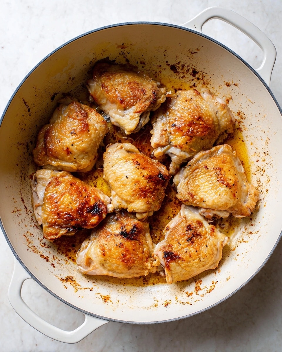 A round white pan with two handles holds seven pieces of cooked chicken thighs arranged loosely, showing a mix of golden-brown and light beige skin textures. The chicken thighs have a slight shine from cooked oil and browned bits are scattered underneath, adding a rustic look. The inside of the pan is white with some dark brown spots where cooking marks are visible. The pan is placed on a white marbled surface. photo taken with an iphone --ar 4:5 --v 7