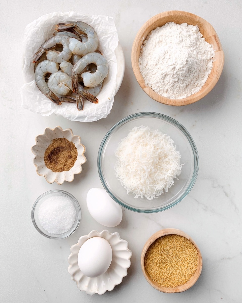 The image shows seven small bowls and a glass bowl arranged on a white marbled surface. At the top left, a white bowl lined with white paper holds raw shrimp that are gray and translucent with a slight pink tint, tails visible. To the right of it, a light wooden bowl contains white flour with a soft, powdery texture. Below that, a white bowl holds shredded white coconut flakes that look fluffy and fine. To the left of the coconut, a white, scalloped-edged bowl contains a small pile of ground brown seasoning. Below that, a small light wooden bowl holds white salt grains. At the bottom left, a clear glass bowl contains two white eggs with smooth shells. Lastly, to the bottom right, a small light brown bowl holds coarse yellowish breadcrumbs. photo taken with an iphone --ar 4:5 --v 7