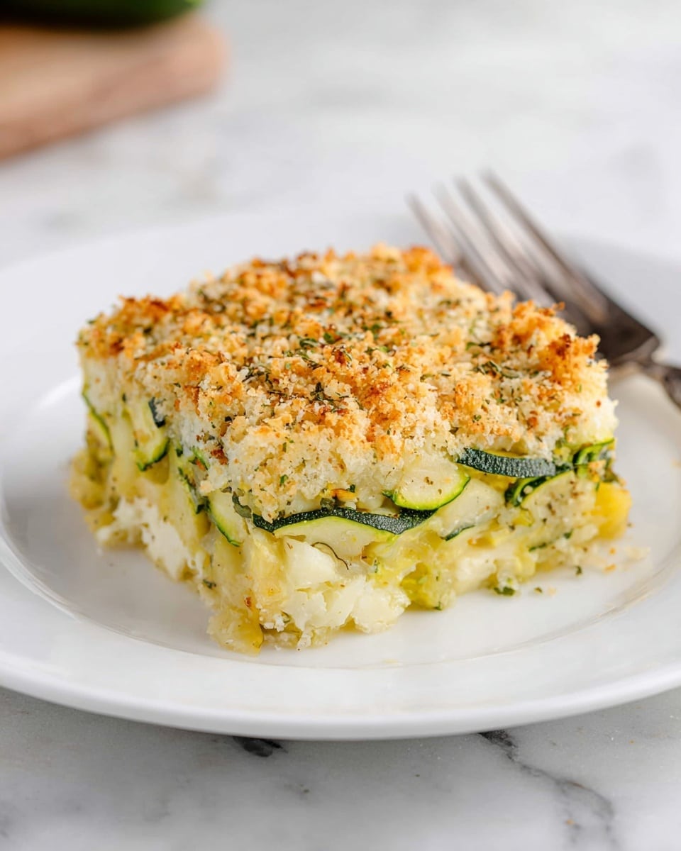 A square piece of baked zucchini casserole sits centered on a white plate over a white marbled surface. The casserole shows three main layers: the bottom layer with soft, pale yellow zucchini pieces mixed with white cheese; the middle layer with thin slices of vibrant green zucchini; and the top layer covered in a golden-brown crispy crumb topping with sprinkle of herbs. The textures vary from creamy and soft at the bottom, to tender zucchini in the middle, and crunchy with a slightly browned crust on top. A silver fork rests behind the casserole piece, partially visible. Photo taken with an iphone --ar 4:5 --v 7