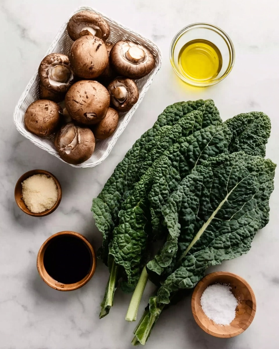 The image shows fresh ingredients placed on a white marbled surface, including a small white basket filled with whole brown mushrooms on the left. To the right of the mushrooms are several large dark green kale leaves with a bumpy texture. Above the mushrooms are two small clear glass bowls, one with golden yellow olive oil and the other with dark soy sauce. Below the mushrooms are two small wooden bowls one contains a pale powder, likely garlic powder, and the other has white salt. The arrangement of these items is neat and spaced out evenly. Photo taken with an iphone --ar 4:5 --v 7