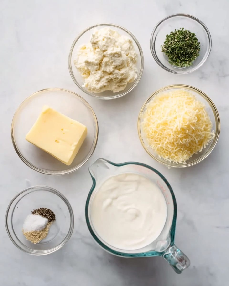 The image shows six clear glass bowls and one clear glass measuring cup arranged on a white marbled surface. The largest glass measuring cup in the center is filled with white cream, while the bowl to its right holds finely grated pale yellow cheese. To the left of the measuring cup, a bowl contains a solid block of pale yellow butter. Above the measuring cup, from left to right, the bowls contain a pale yellow thick paste, black pepper, and finely chopped green herbs. The bowls and measuring cup are evenly spaced, and the colors and textures of the ingredients contrast softly against the white marbled background photo taken with an iphone --ar 4:5 --v 7