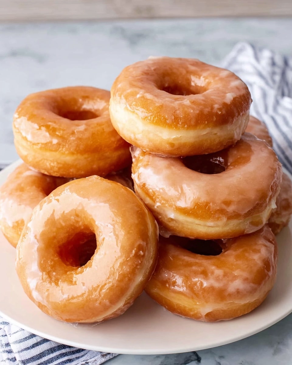 A white plate holds a stack of six glazed donuts arranged in two layers, with four donuts on the bottom layer and two donuts resting on top. Each donut is shiny and smooth with a golden-brown color, showing a light glaze that gives them a slightly wet look. The white marbled surface underneath adds a soft and clean background, with a striped cloth partially visible in the corner. The donuts have a round shape with a hole in the middle, and their texture looks soft and fluffy. photo taken with an iphone --ar 4:5 --v 7