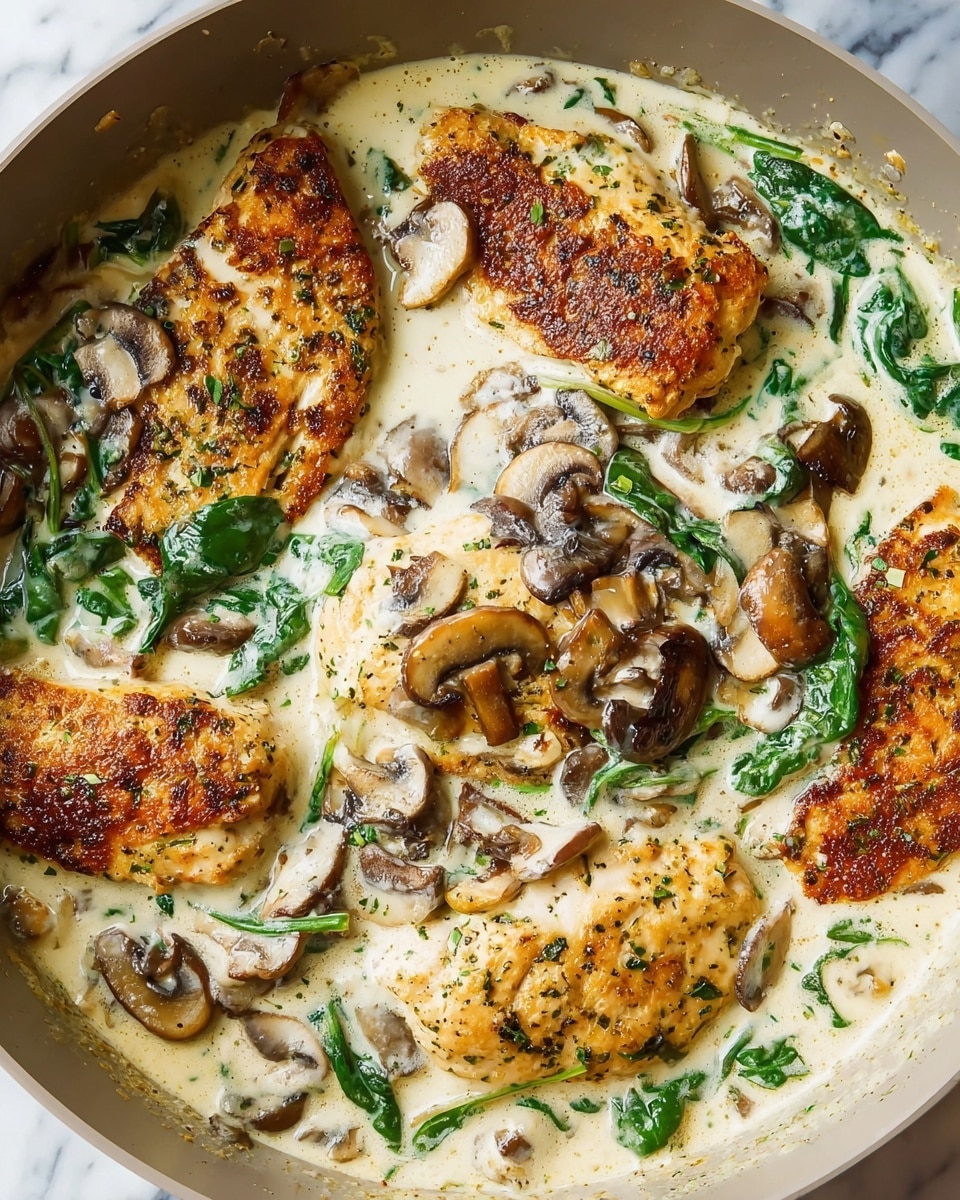 The image shows a close-up view of a creamy dish in a pan, featuring five large pieces of golden-brown cooked chicken layered across the bottom and middle. The chicken has a speckled texture from green herbs and spices. Scattered throughout the dish are dark brown sautéed mushroom slices and bright green fresh spinach leaves, partially coated in a thick creamy white sauce that fills the spaces around the chicken. The sauce looks smooth and rich with a slightly shiny surface. The pan holding the dish is a light grayish color, and the image background is a white marbled texture. Photo taken with an iphone --ar 4:5 --v 7