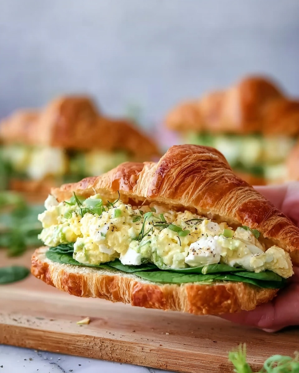 A golden-brown croissant sliced in half is filled with layers starting from the bottom with bright green spinach leaves. On top of the spinach is a thick layer of creamy, pale yellow egg salad mixed with small green herbs and black pepper sprinkled over it. The croissant is placed on a light brown wooden surface with a soft white marbled background. A woman's hand is gently holding the croissant from the side. In the background, there are blurred croissants filled with similar layers. photo taken with an iphone --ar 4:5 --v 7