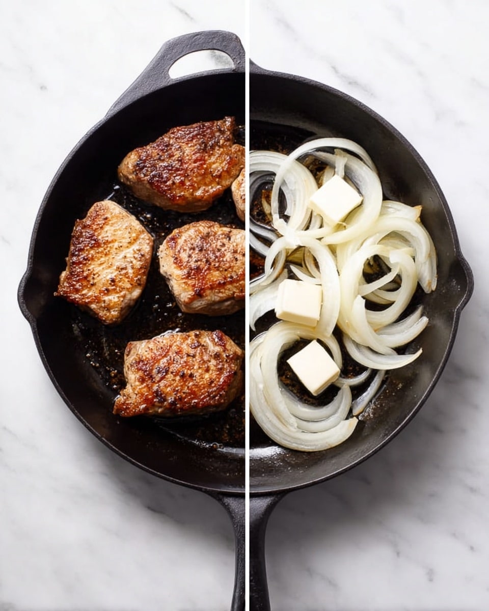The image shows a black cast iron pan on a white marbled surface. The pan holds four pieces of browned meat with a golden crust, arranged in a rough square shape covering most of the pan's cooking area. Next to it, another shot of the same pan shows sliced white onions placed on the bottom right side, with two small squares of white butter melting beside the onions. The pan handle extends downward from the center of the bottom edge. The onions look fresh with layers of translucent white rings sitting unevenly inside the pan. photo taken with an iphone --ar 4:5 --v 7