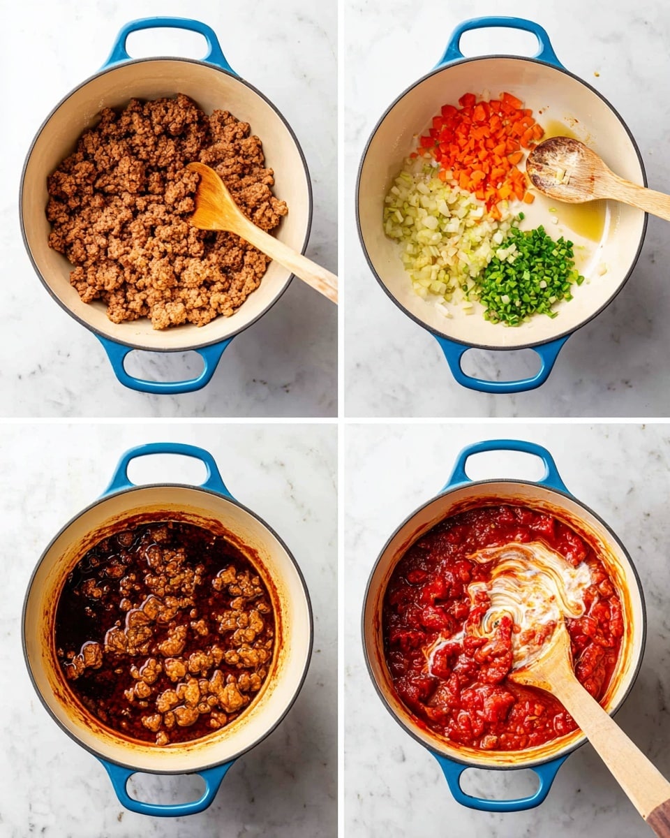 A collage of four images shows the cooking process inside a blue-handled white pot on a white marbled surface. The top left image has one thick layer of cooked ground meat in light brown shades with a wooden spoon. The top right image shows a white pot with a single layer of oil and finely chopped vegetables in orange, green, and white colors arranged in small piles on the right side, with a wooden spoon resting inside. The bottom left image has a single thick layer of browned meat cooked in a dark red sauce with visible oil, stirred by a wooden spoon. The bottom right image shows a single combined layer of meat sauce with chunky red tomatoes and light cream swirled on top, with the wooden spoon partially stirring the mix. Photo taken with an iphone --ar 4:5 --v 7