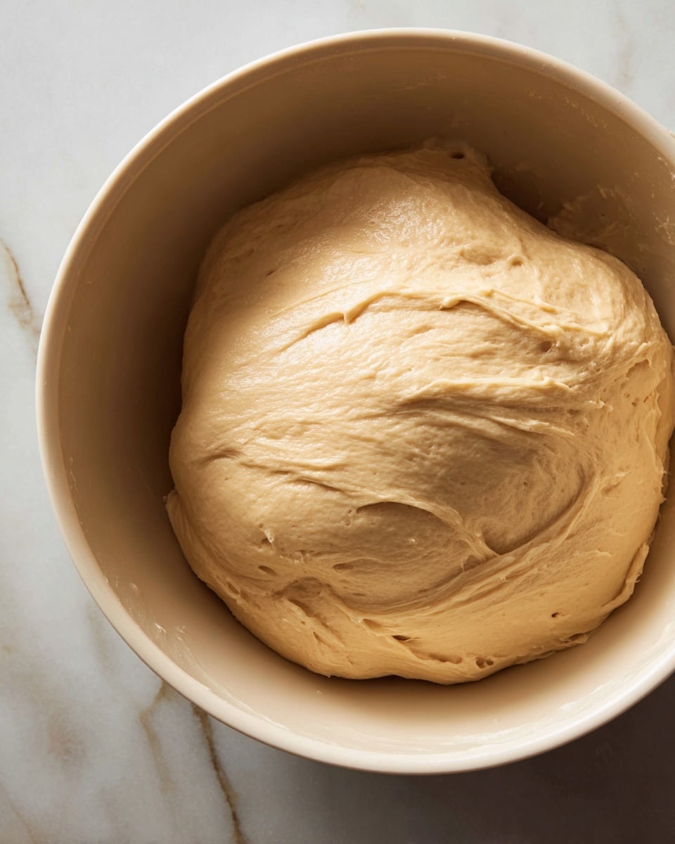 A close-up view of a smooth, light beige dough ball resting inside a white bowl. The dough has a soft, slightly shiny texture with visible folds and creases on the surface, showing it has been recently mixed and is ready to rise. The bowl is round with simple edges, placed on a white marbled surface that adds a subtle contrast to the warm color of the dough. photo taken with an iphone --ar 4:5 --v 7