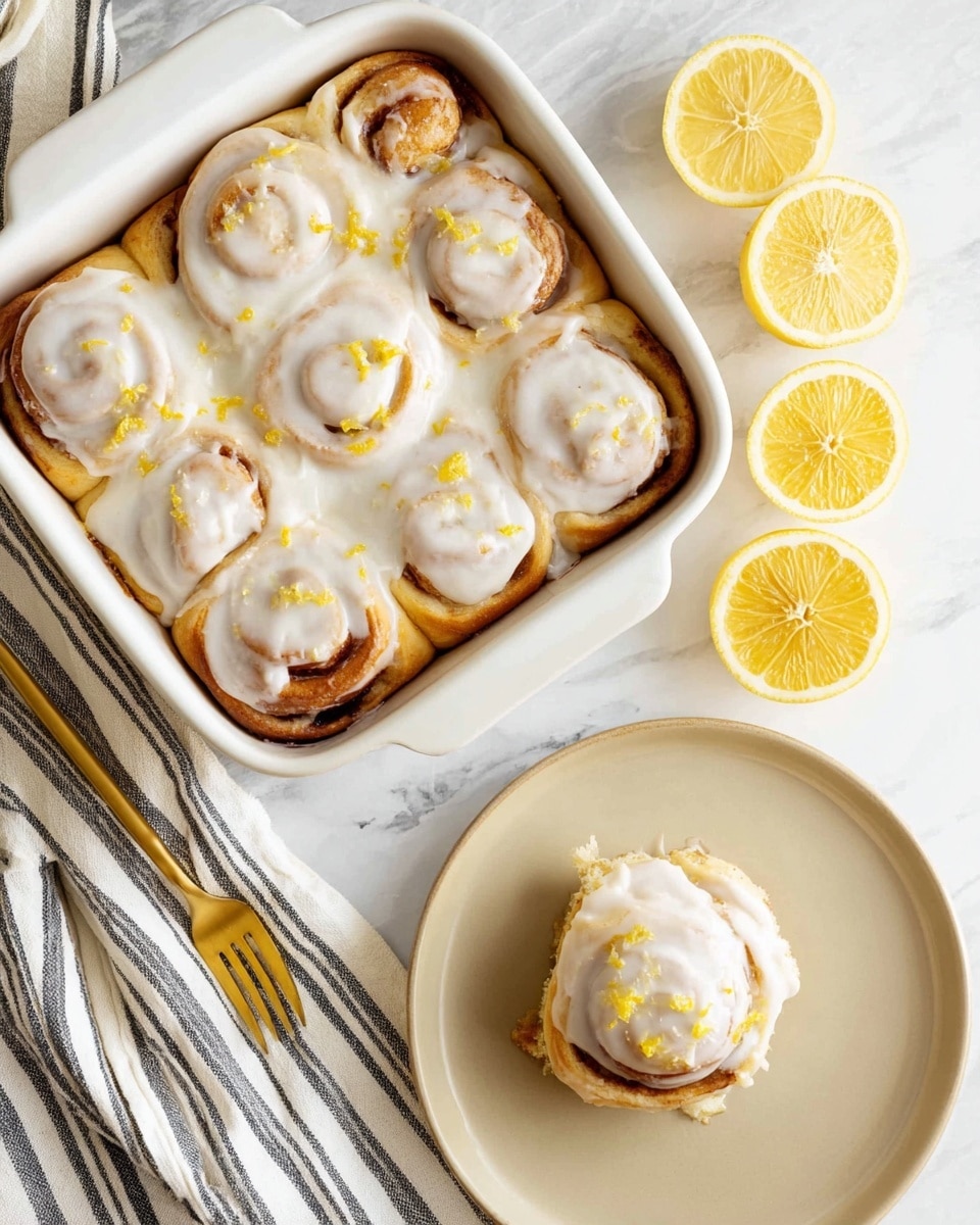 A white baking dish holds six light brown swirled cinnamon rolls topped with thick, creamy white icing that covers most of the rolls, with small bits of yellow lemon zest sprinkled on top. Next to the baking dish are three lemon halves with bright yellow flesh placed on a white marbled surface. On the bottom right, a single cinnamon roll with icing and lemon zest rests on a simple beige plate. To the left, a gold fork lies on a white and black striped cloth. The photo taken with an iphone --ar 4:5 --v 7