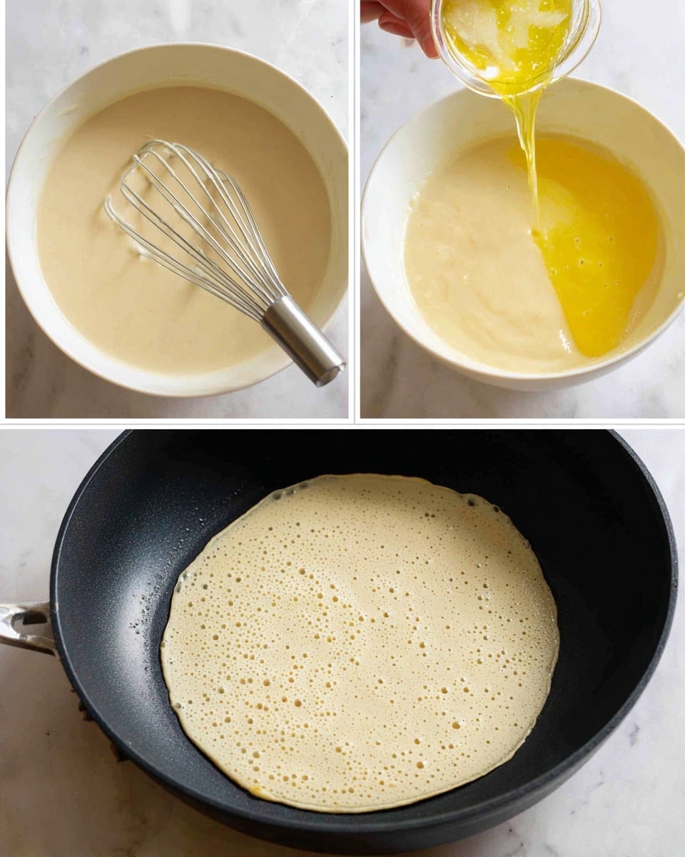 Three images show making pancake batter and cooking a pancake. The first image shows a white bowl filled with smooth, creamy pale yellow batter with small bubbles, and a metal whisk lifting some batter with a woman’s hand holding it. The second image shows melted yellow butter being poured into the same batter in the white bowl, with the whisk partly submerged in the mixture. The third image shows a cooked pancake in a black pan with many small bubbles on its light beige surface, indicating it is cooking. The background has a white marbled texture. photo taken with an iphone --ar 4:5 --v 7
