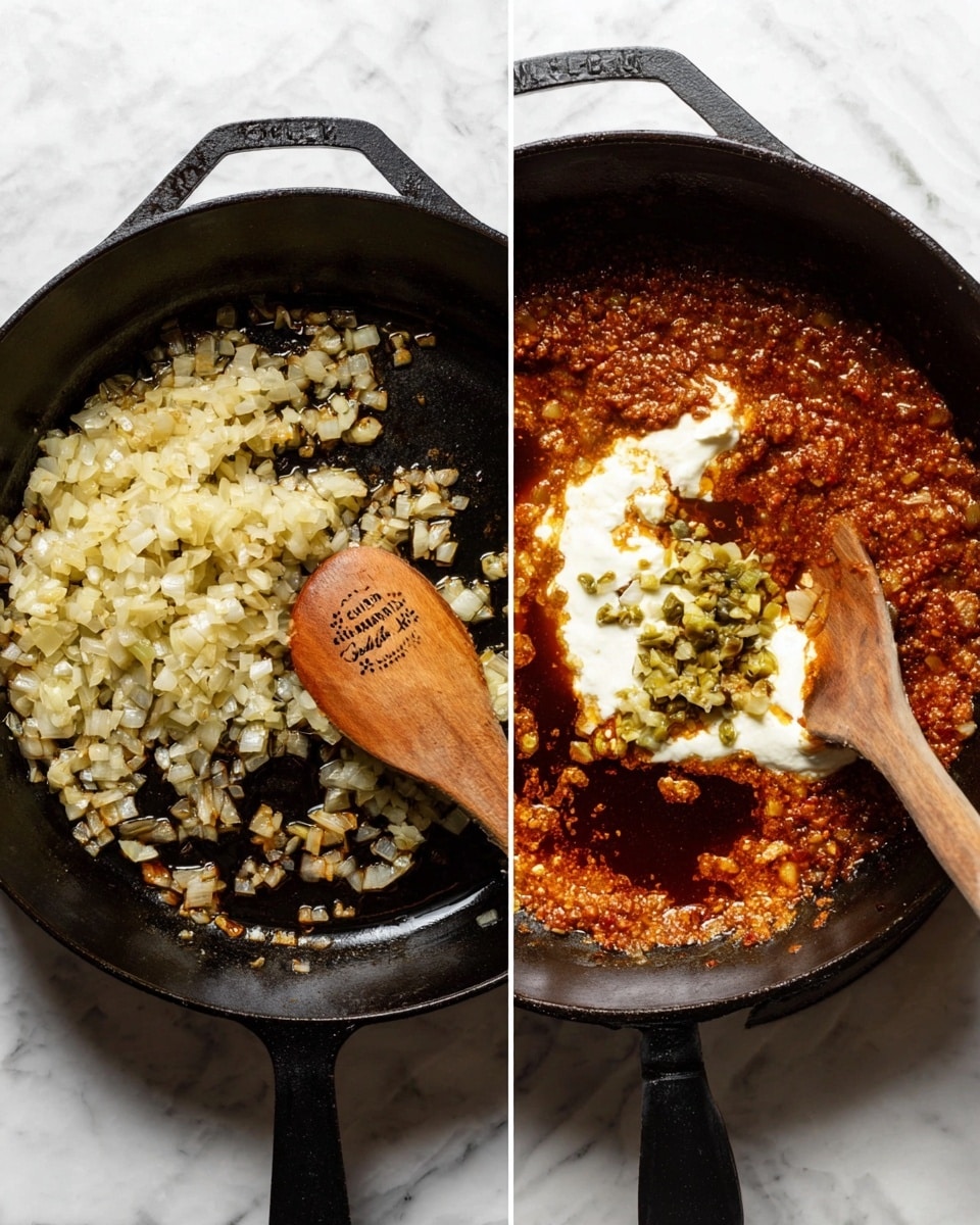 A black cast iron pan sits on a white marbled surface. Inside the pan, there are finely chopped onions lightly browned and sizzling in oil, with a wooden spoon resting inside, the spoon having a light brown color and engraved text. In the next scene, the onions are mixed with a reddish-brown sauce filled with spices, along with a dollop of white cream and small bits of green pepper, all sitting together in the pan, creating a colorful and textured mix. Photo taken with an iphone --ar 4:5 --v 7