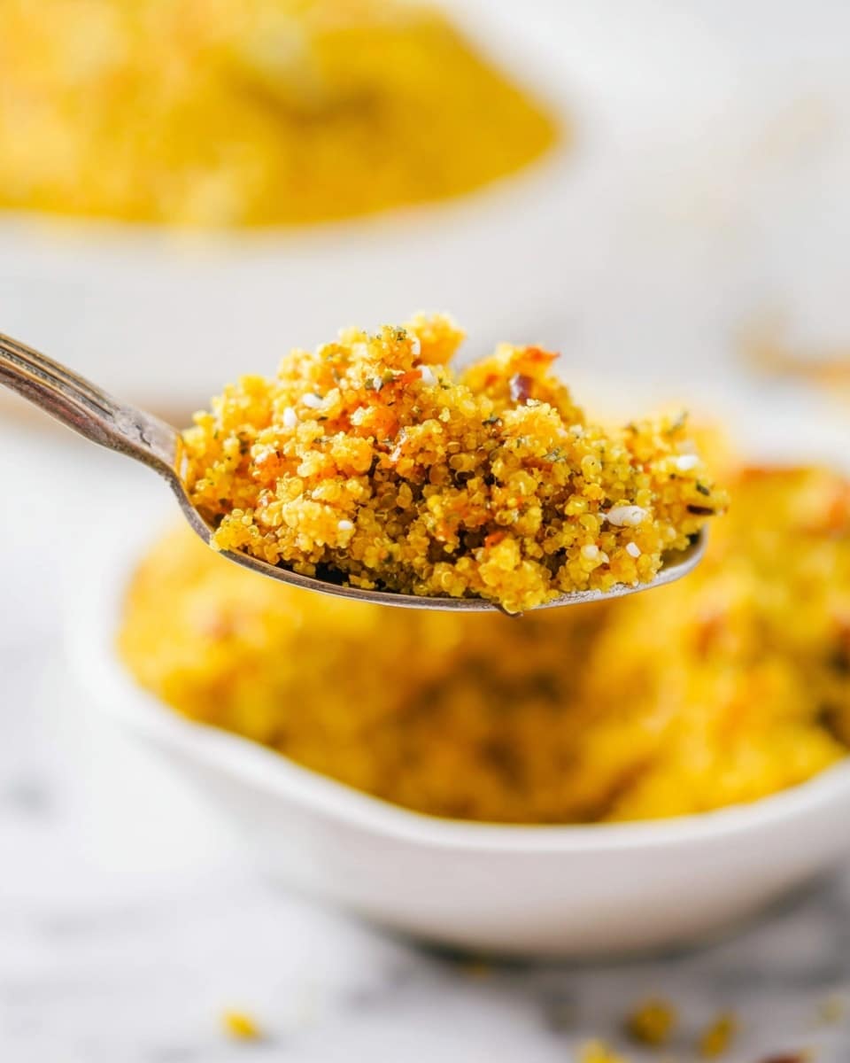 A close-up view shows a metal spoon holding a textured mixture of yellow and orange grains with small bits of white scattered throughout. This mixture has a moist and slightly crumbly appearance with visible small pieces of grains and herbs. In the background, a white shallow dish is filled with the same grainy mixture, blurred out to keep focus on the spoon. The scene is set on a white marbled surface enhancing the bright and warm colors of the dish. photo taken with an iphone --ar 4:5 --v 7