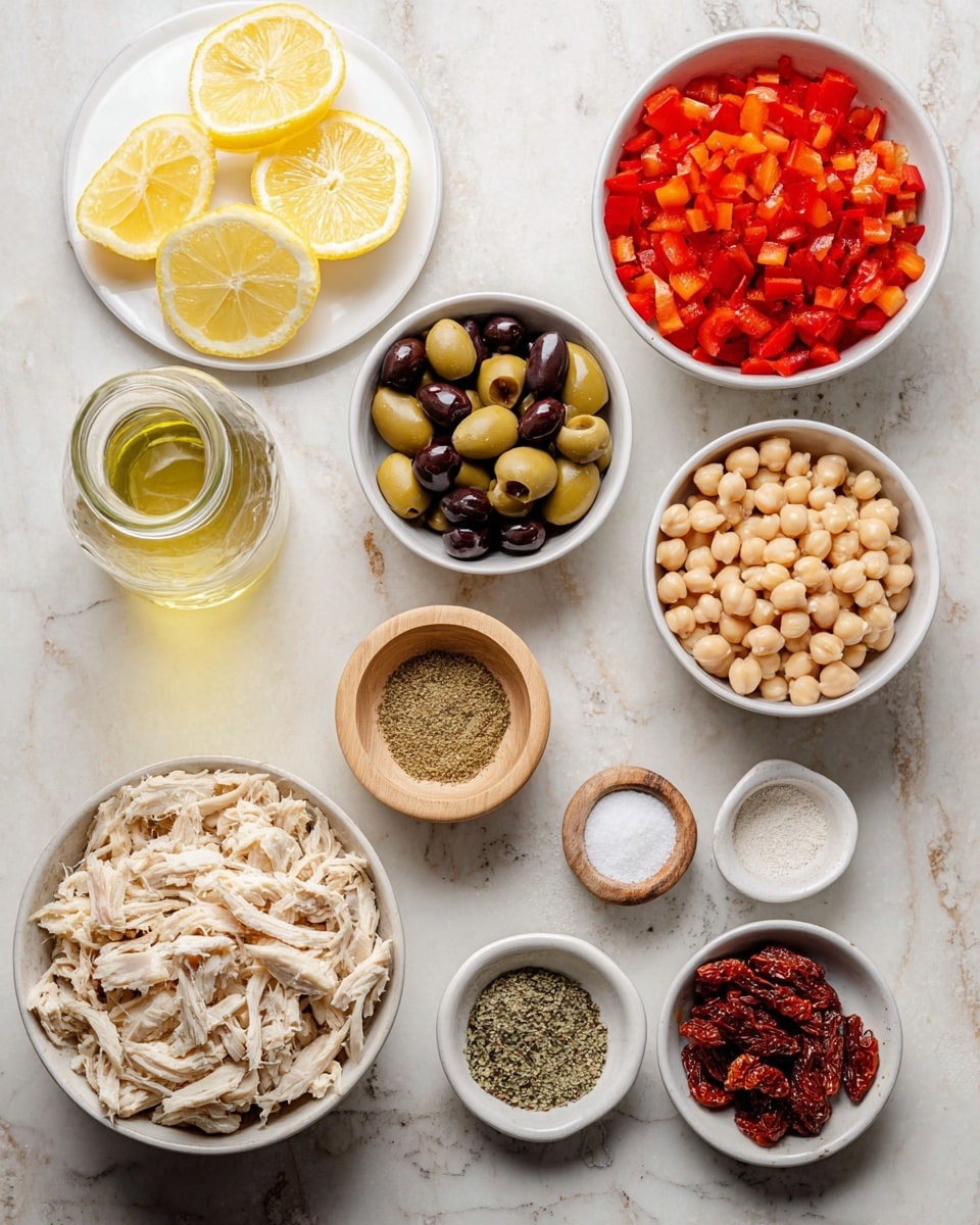 The image shows nine small bowls and a bottle arranged on a white marbled surface. The largest bowl at the bottom left is filled with shredded pale beige chicken. To its right, a white bowl holds diced roasted red peppers in bright red and orange tones. Above that, another white bowl contains chopped mixed green and black olives. Above the olives, a small wooden bowl holds a light beige powdered spice. Next to the powdered spice, a small white bowl is filled with dried oregano herbs in green shades. Adjacent to it, a white bowl contains sun-dried tomato pieces in dark red with textured edges. Above these, a larger white bowl holds pale beige chickpeas. To the left of the chickpeas, there is a glass bottle with a light golden liquid, likely olive oil. Lastly, at the top left, a white plate has two halved lemons bright yellow with yellow lemon zest scattered beside them. Two small white bowls contain salt, black pepper, and a brown ground spice evenly separated. The whole arrangement is bright and clean, with vibrant colors on a soft white marble background. Photo taken with an iphone --ar 4:5 --v 7