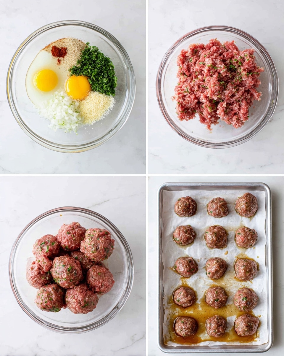 The image shows a step-by-step visual of making meatballs. The first layer displays a clear glass bowl with raw ground meat, breadcrumbs, a raw egg yolk, chopped herbs, white chopped onions, and reddish spices arranged separately but ready to be mixed. The second layer shows the same bowl with the ingredients fully mixed into a pinkish-red meat mixture dotted with green herbs. The third layer presents small round raw meatballs shaped and neatly placed on a white foil-lined baking tray. The final layer shows the meatballs after baking; they are browned and slightly shiny, sitting on the foil with some cooking juices around them. The background is a white marbled texture. photo taken with an iphone --ar 4:5 --v 7