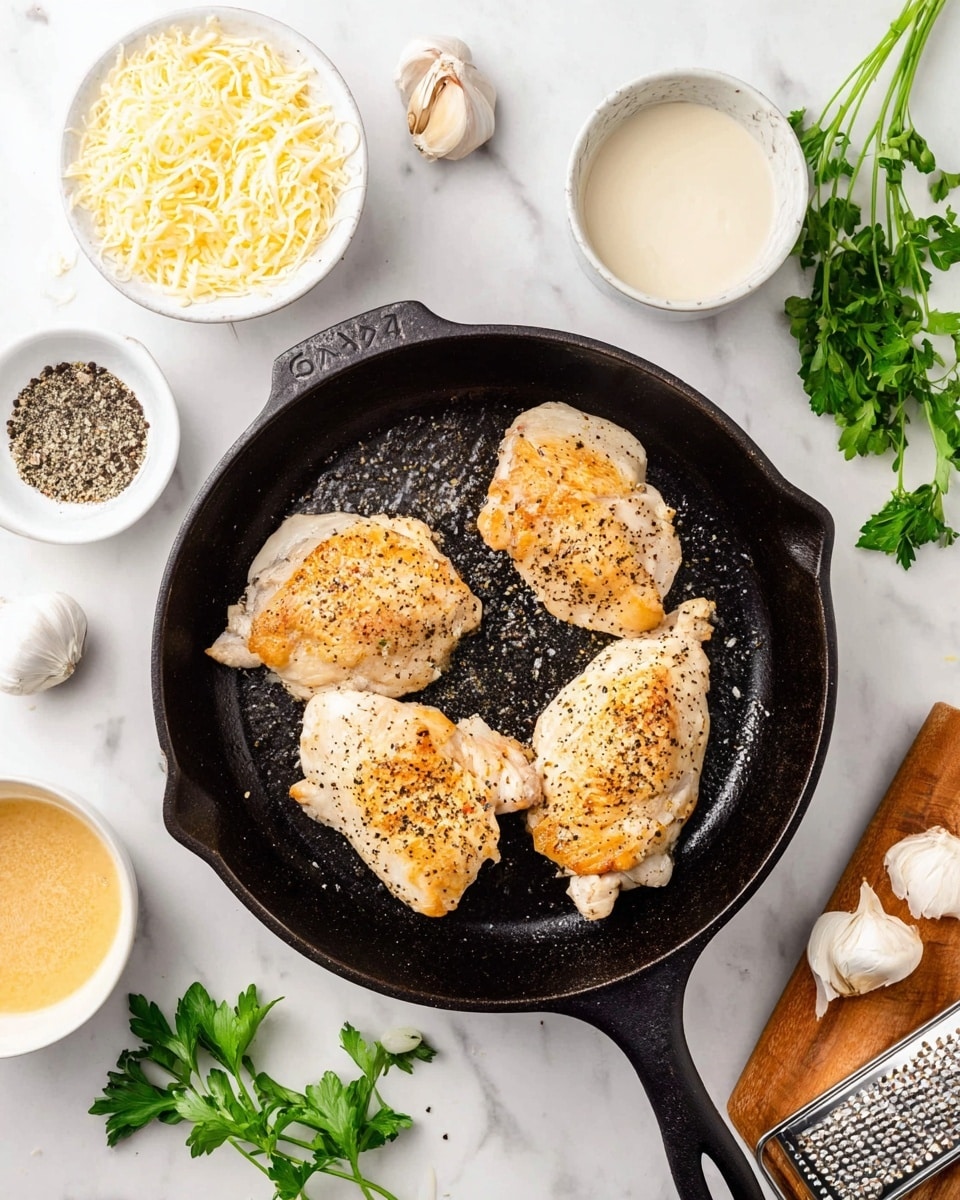 A black cast iron pan holds four light golden brown chicken pieces seasoned with black pepper, arranged in a loose square pattern. Around the pan, on a white marbled surface, are white bowls with grated light yellow cheese and a creamy white liquid. There is also a small white dish with black pepper, two garlic cloves, fresh green parsley sprigs, a small white container with a honey mustard-colored sauce, and a wooden board with a metal grater and more parsley. The scene is bright and clean, showing a simple cooking setup. photo taken with an iphone --ar 4:5 --v 7