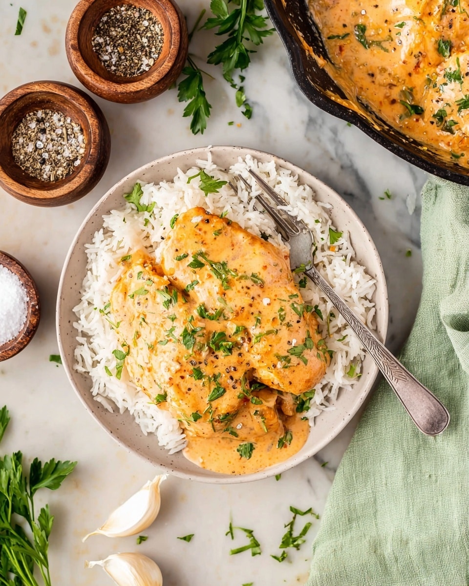 A round white plate holds a bed of fluffy white rice as the bottom layer, topped with two pieces of light golden tan chicken covered in a creamy orange sauce with flecks of black pepper and green herb pieces, scattered fresh green parsley leaves are on top of the sauce. A silver fork rests on the right side of the plate, partially over the rice. Around the plate, on a white marbled surface, are wooden bowls with salt and black pepper, some green parsley sprigs, garlic cloves on the right, a small white scoop of dried herbs at the bottom left, and a light green cloth napkin at the bottom right. A black skillet with more chicken and sauce is partially visible at the top right. Photo taken with an iphone --ar 4:5 --v 7