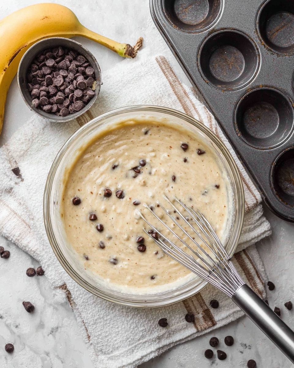 A clear glass bowl filled with light beige batter speckled with small dark chocolate chips, with a metal whisk partially inside mixing it; a peeled banana rests on a white cloth next to the bowl; a small metal cup filled with chocolate chips sits nearby with extra chips scattered around on a white marbled surface; in the upper right corner, there is a dark gray muffin baking tray. Photo taken with an iphone --ar 4:5 --v 7