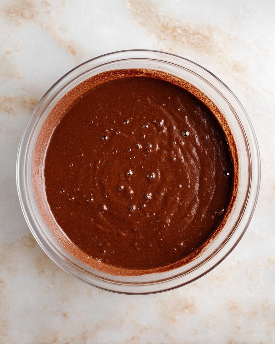 A clear glass bowl filled with smooth, dark brown chocolate batter that has a glossy texture and small bubbles scattered across the surface. The bowl is placed on a white marbled surface, and the batter fills the bowl evenly with a slight swirl pattern in the center. The edges of the bowl show a thin layer of batter residue, adding to the homemade feel of the scene. photo taken with an iphone --ar 4:5 --v 7