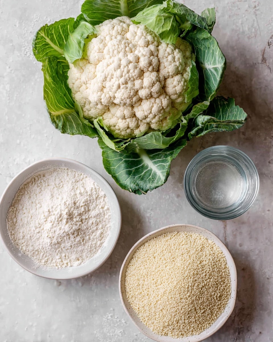 A whole cauliflower with green leaves surrounding the white, bumpy head is placed on the white marbled surface. To the right, there is a white bowl divided into two halves, one side with white flour and the other with a light yellow powder. Below it, another white bowl is filled with fine, light beige breadcrumbs. Above the bowls, a clear glass of water is visible showing the white marbled texture beneath. photo taken with an iphone --ar 4:5 --v 7