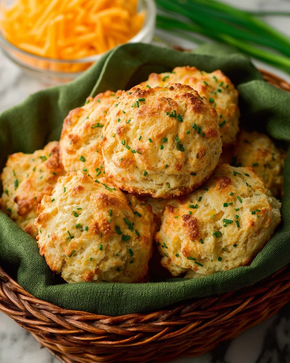 A close-up of a wicker basket filled with seven golden-brown biscuits that have a rough, crumbly texture with small green bits of chives sprinkled on top of each. The biscuits show light brown baked spots and are unevenly shaped, stacked naturally inside a green cloth lining the basket. In the background, there is a clear bowl with shredded orange cheese, all placed on a white marbled surface. photo taken with an iphone --ar 4:5 --v 7