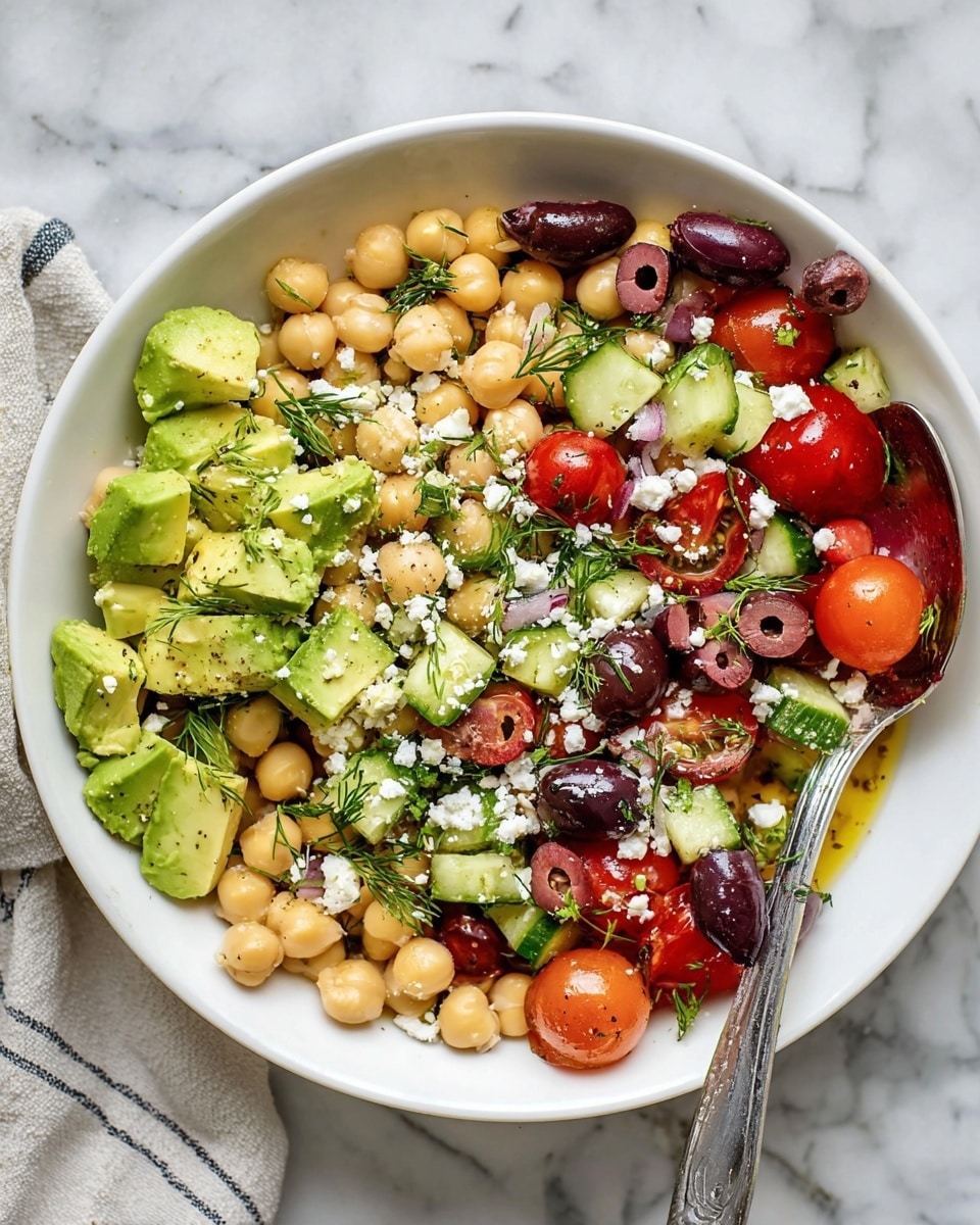 A white bowl filled with a colorful salad showing three main layers: the bottom layer is light beige chickpeas spread evenly, the middle layer has chunks of green avocado arranged in three clusters with smooth texture, and the top layer is a mix of halved red cherry tomatoes, dark purple sliced olives, small pieces of cucumber, and sprinkled white cheese crumbles with some green herbs like parsley and dill scattered all over. A silver spoon rests on the edge inside the bowl, and the background is a white marbled surface. Photo taken with an iphone --ar 4:5 --v 7