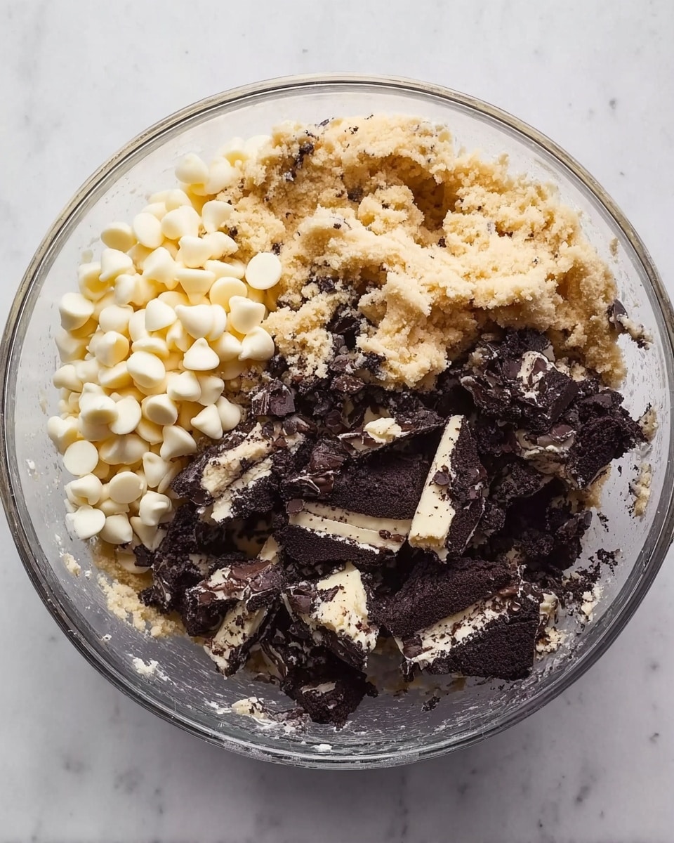A clear glass bowl filled with a mixed dough that has three distinct parts on top: on the left, white chocolate chips, in the middle, the light beige cookie dough with a creamy texture, and on the right, large chunks of dark chocolate cookies with creamy white filling visible. The bowl sits on a white marbled surface. Photo taken with an iphone --ar 4:5 --v 7