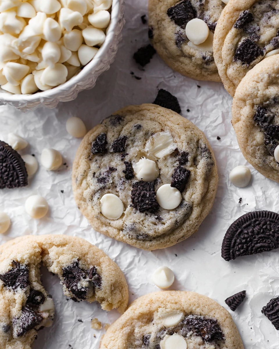 The image shows several round cookies with a soft, slightly uneven texture, filled with chunks of dark black cookies and smooth white chocolate chips scattered on top and throughout. One cookie is broken, revealing a soft inside with white filling. On the left side, there is a textured white bowl filled with more white chocolate chips. The cookies and bowl are placed on crumpled white parchment on a white marbled surface, creating a clean and simple background. Photo taken with an iphone --ar 4:5 --v 7