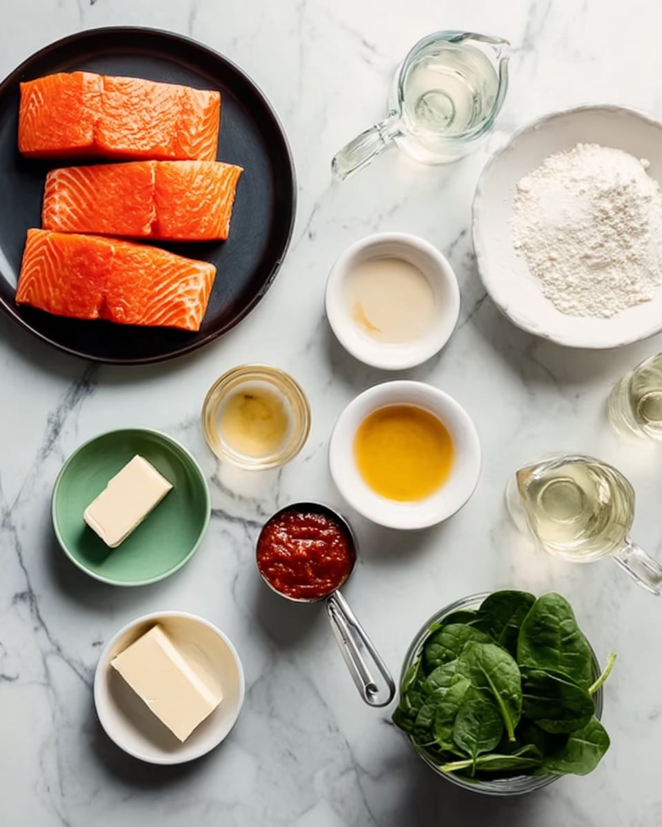 The image shows several cooking ingredients arranged neatly on a white marbled surface. At the top left, there is a black plate holding four pieces of raw salmon with orange-pink flesh and a smooth texture. To the right, a white bowl contains a white powdery ingredient. Below the salmon, there are five small white bowls with different contents: a green bowl with a small piece of butter, a white bowl with a golden yellow liquid, another white bowl with a light beige powder, a small white bowl with a clear liquid, and a metal measuring cup filled with thick red paste. In the bottom right area, there is a white bowl with fresh green spinach leaves. There are also three glass containers with pour spouts holding small amounts of liquid in white, amber, and light green colors. photo taken with an iphone --ar 4:5 --v 7