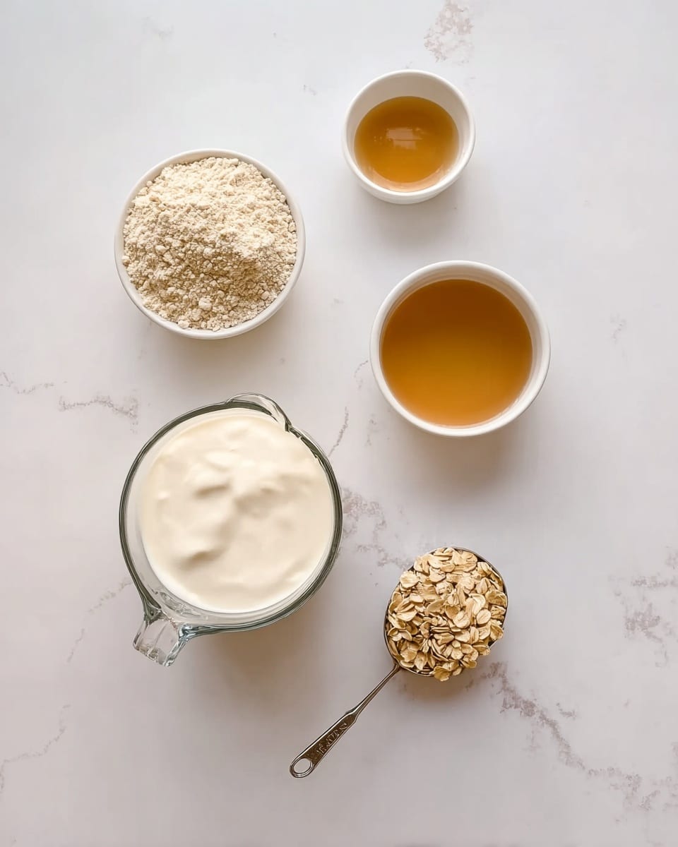 The image shows four small containers arranged on a white marbled surface in a loose square pattern. At the top left, a small white cup holds a light beige powder with a fluffy texture. At the top right, a white cup contains a clear golden liquid. At the bottom left, a small white bowl is filled with thick white cream with soft folds on top. At the bottom right, a small white measuring scoop holds dry light brown rolled oats with a rough, flaky texture. In the center, a clear glass pitcher is filled with a smooth, creamy off-white liquid. photo taken with an iphone --ar 4:5 --v 7
