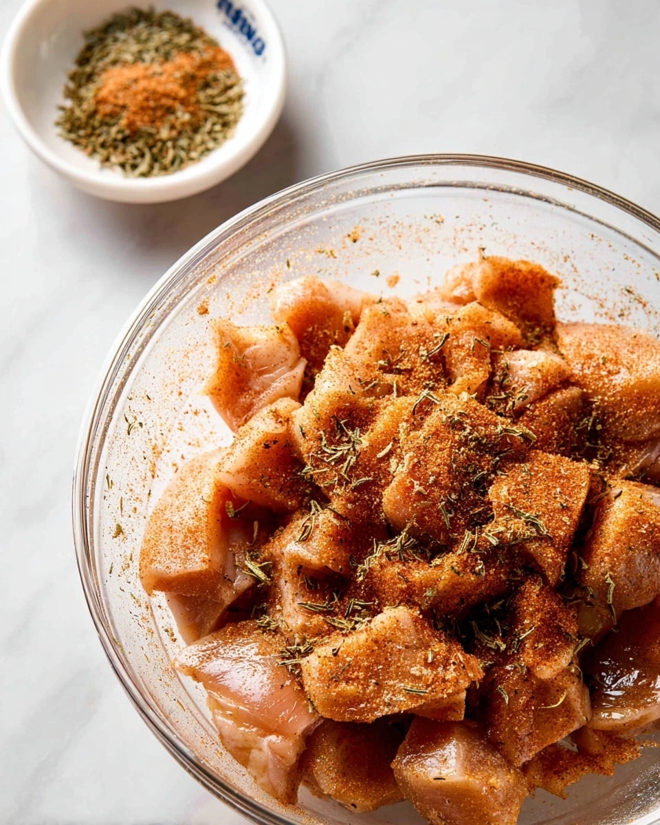 In the clear glass bowl, raw chicken pieces are cut into bite-sized chunks, spread evenly, and sprinkled with a bright reddish-brown spice mix along with bits of green dried herbs scattered on top. Behind the bowl, a small white bowl holds some of the same spice mix. The whole scene is set on a white marbled surface, with soft lighting highlighting the texture of the chicken and spices. photo taken with an iphone --ar 4:5 --v 7