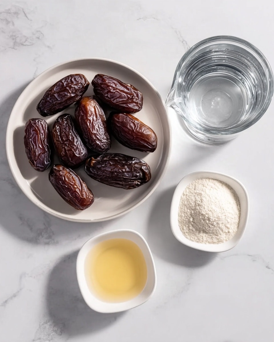 A simple arrangement of ingredients is displayed on a white marbled surface. In the center-left, a white plate holds twelve dark brown, wrinkled dates, showing a dry texture and clustered closely together. To the top right of the plate, a clear glass measuring cup contains water, with highlights showing its transparency and smooth surface. Below the glass, a small white square bowl holds a light golden liquid, looking smooth and shiny. Next to it, another small white square bowl holds a heap of fine white powder, appearing soft and fluffy. The overall setting is clean and minimal with soft shadows. Photo taken with an iphone --ar 4:5 --v 7