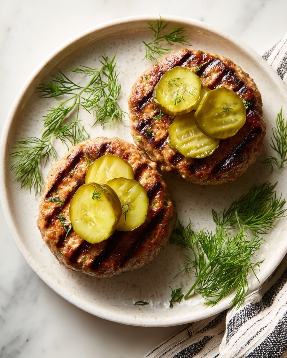 The image shows two golden-brown grilled patties placed on a white plate with a subtle pattern, set on a white marbled surface. Each patty has a textured surface with grill marks and small pieces of green herbs baked in. On top of each patty are three thin slices of bright green pickles with a shiny, wet look. Small sprigs of fresh dill are scattered around the plate and on the patties, adding a touch of green contrast. A white and black striped cloth is partially visible at the bottom right side of the image. Photo taken with an iphone --ar 4:5 --v 7