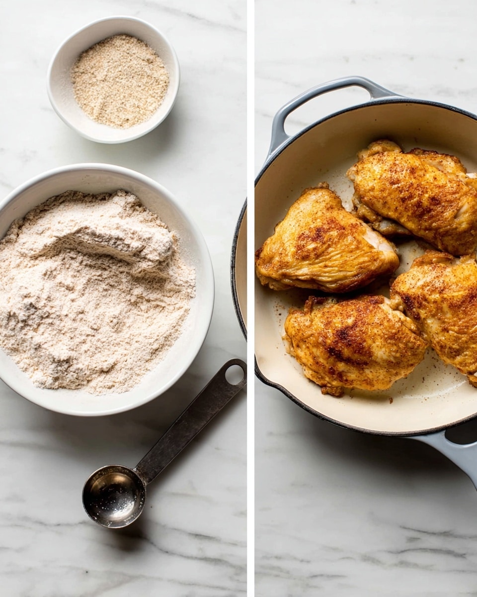 The image shows two parts: on the left, a white bowl filled with light brown flour mixed with spices, alongside a small white dish with some of the same mixture, and a metal measuring spoon placed nearby on a white marbled surface. On the right, a white cast iron pan holds four cooked golden-brown chicken pieces with a slightly crispy texture, all arranged close together on the white marbled surface. Photo taken with an iphone --ar 4:5 --v 7