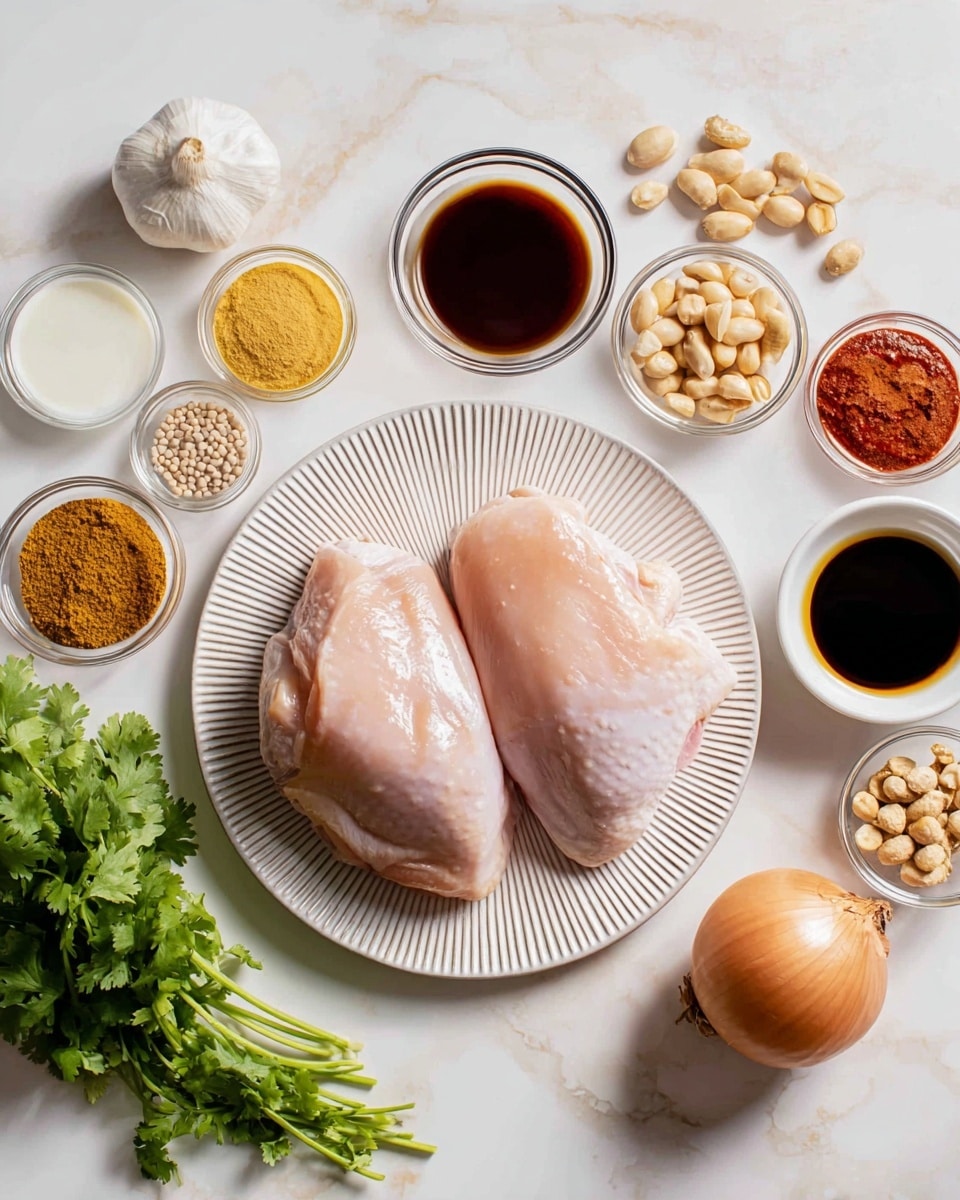 The image shows two raw, pale pink chicken pieces placed on a white round plate with a ridged edge at the center. Around the plate, there are small white bowls and glass containers with various cooking ingredients, including a white creamy liquid, light yellow minced garlic, dark soy sauce, golden brown peanut butter, light brown curry powder, red sauce, and whole peanuts. There is also a whole light brown onion and a bunch of fresh green cilantro placed directly on the white marbled surface. The ingredients are arranged neatly in a flat lay style, with soft natural light illuminating the scene evenly. Photo taken with an iphone --ar 4:5 --v 7